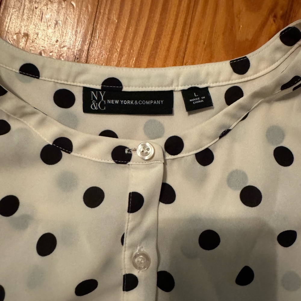 New York & Co. cream and black polka dot blouse size large